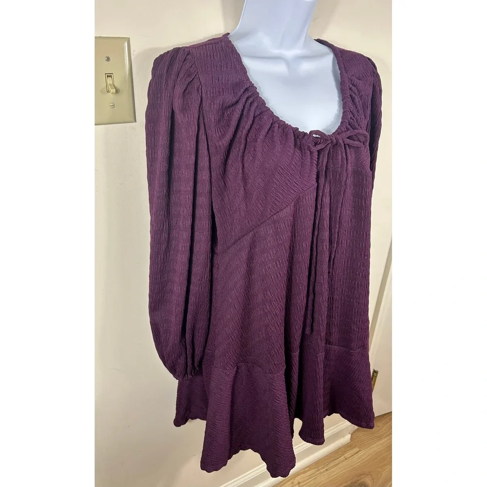 Free People FP Beach Mini Dress Womens XS Purple Crinkle Boho Ruffle Peasant